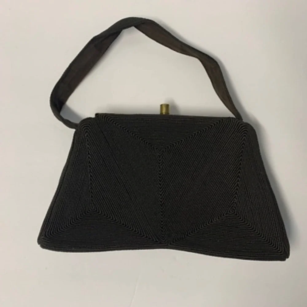 Vintage Walborg‎ Corde Handbag Brown Geometric Corded Top Handle Frame Bag 1950s